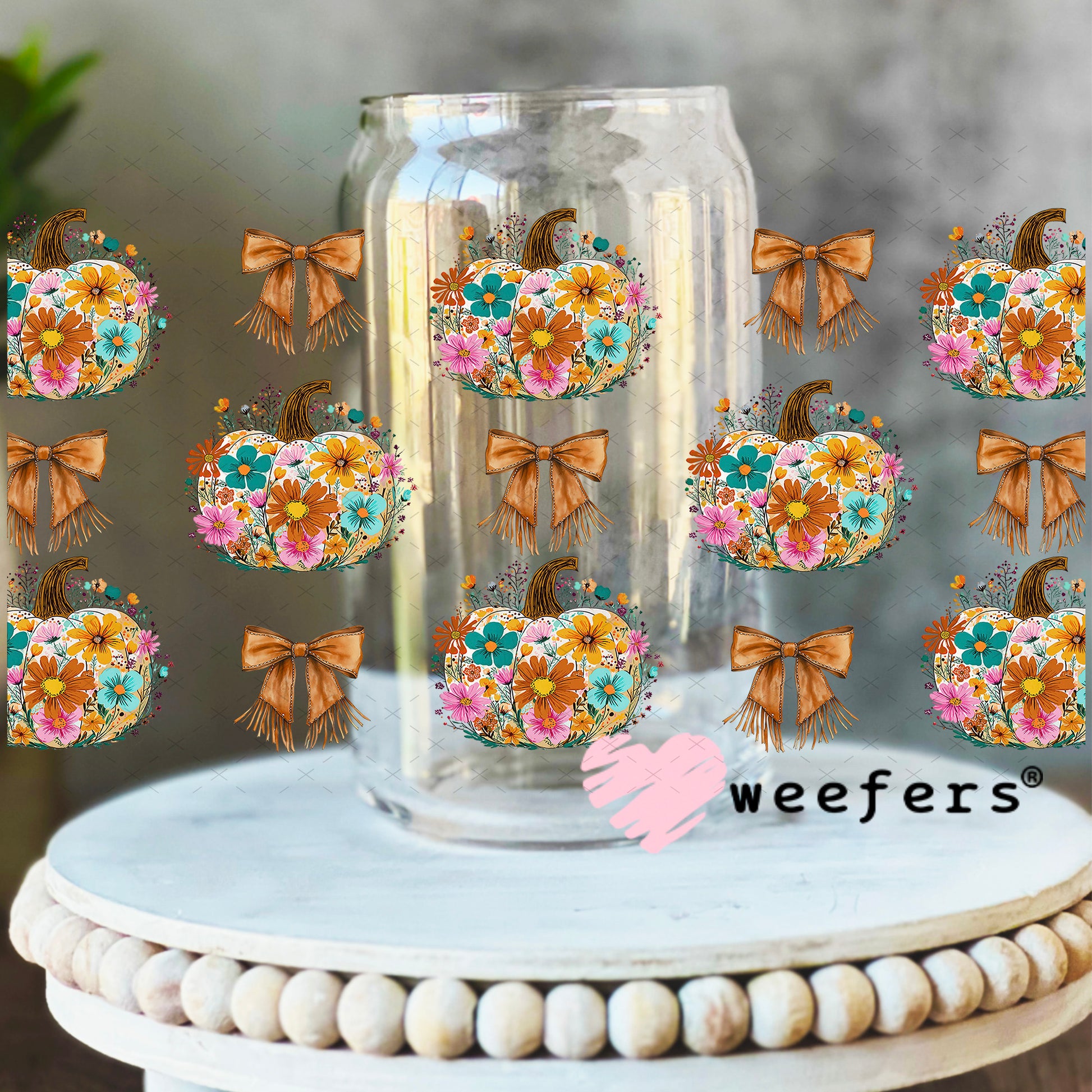 Floral Pumpkin UV DTF Cup Wrap - Weefers Exclusive 16oz Libbey Glass Original Size Weefers