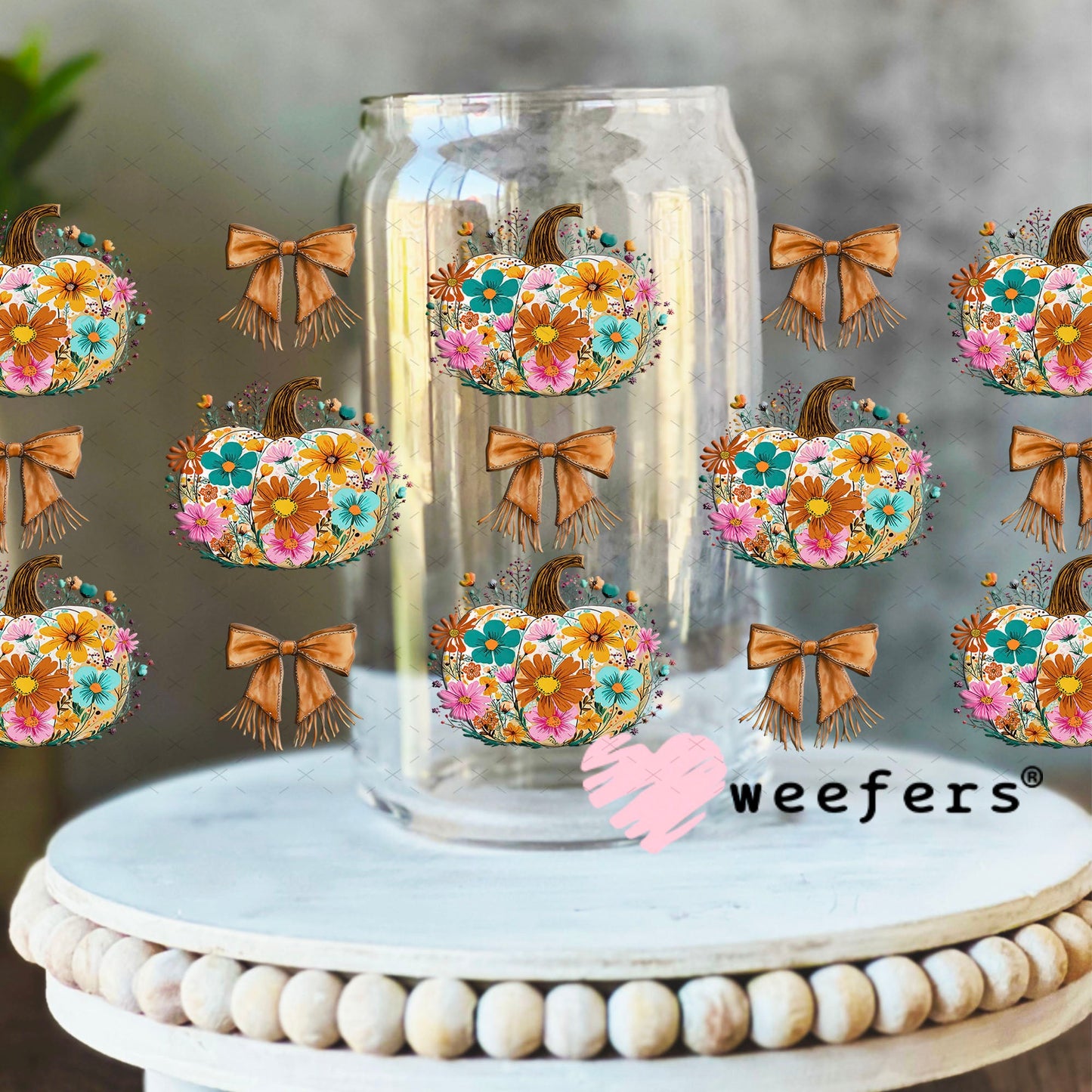 Floral Pumpkin UV DTF Cup Wrap - Weefers Exclusive 16oz Libbey Glass Original Size Cup Wrap Weefers