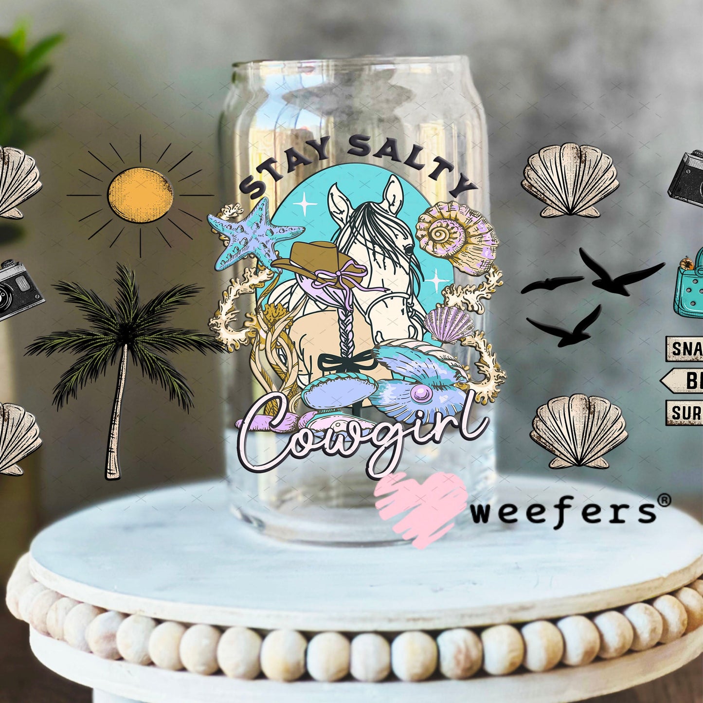 Stay Salty Cowgirl UV DTF Cup Wrap - Weefers Exclusive 16oz Libbey Glass Original Size Cup Wrap Weefers