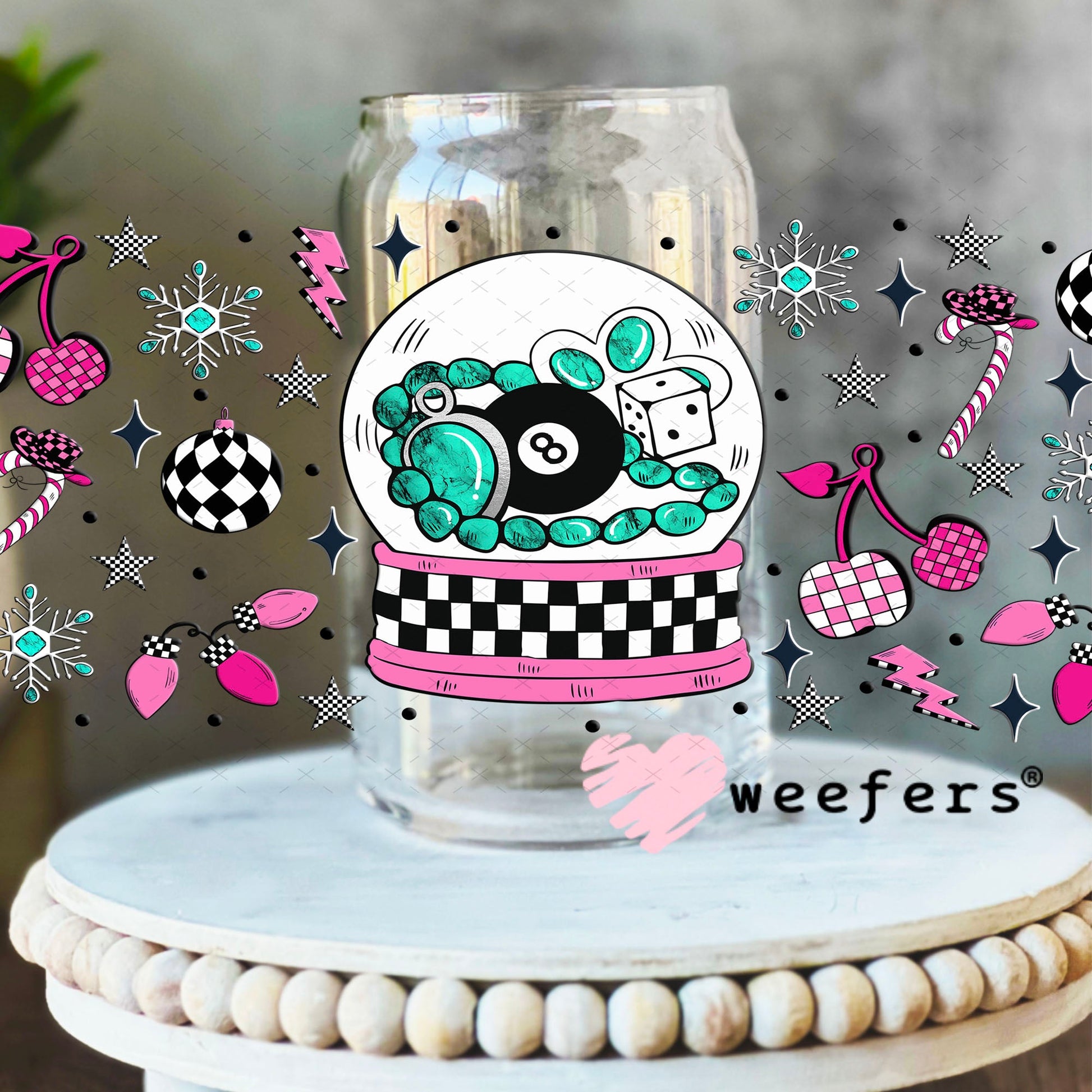 Turquoise Snowball Christmas UV DTF Cup Wrap - Weefers Exclusive 16oz Libbey Glass Original Size Cup Wrap Weefers