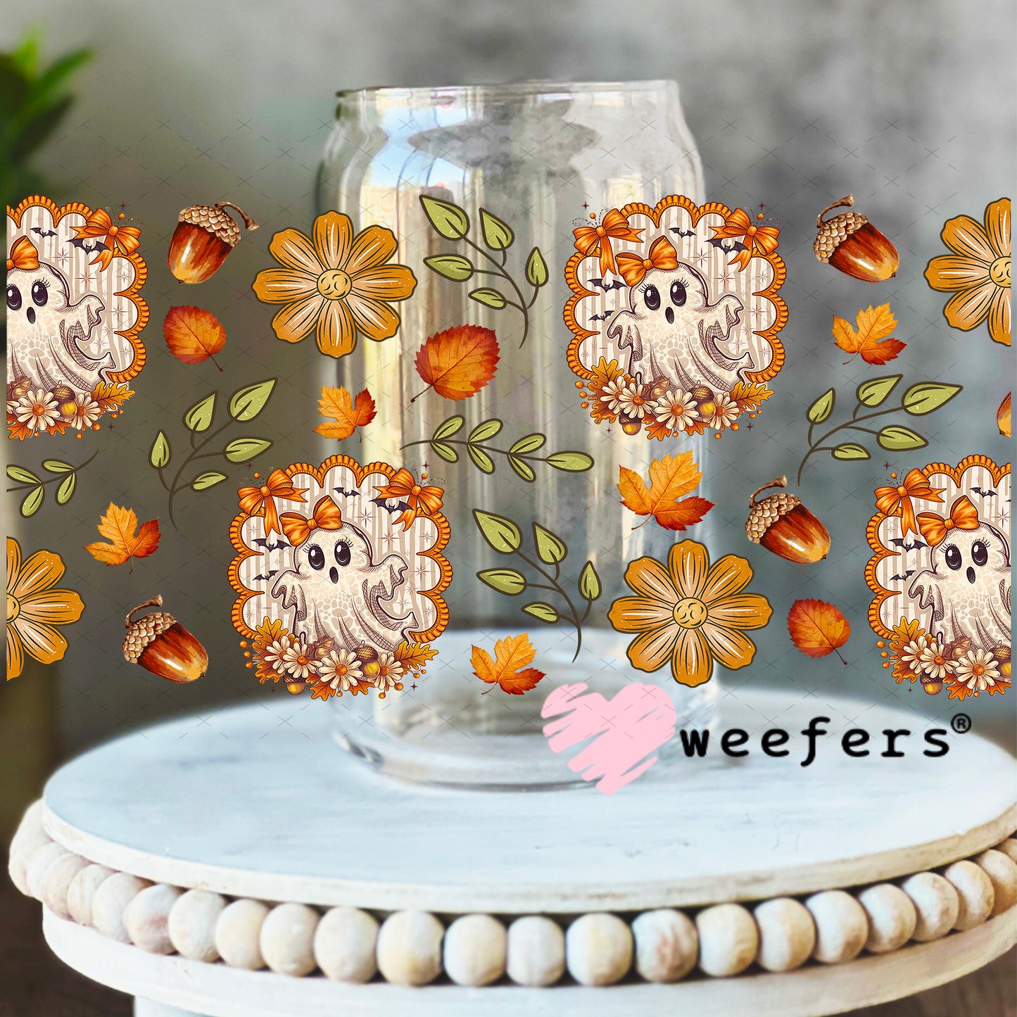 Fall Ghostie UV DTF Cup Wrap - Weefers Exclusive 16oz Libbey Glass Original Size Weefers