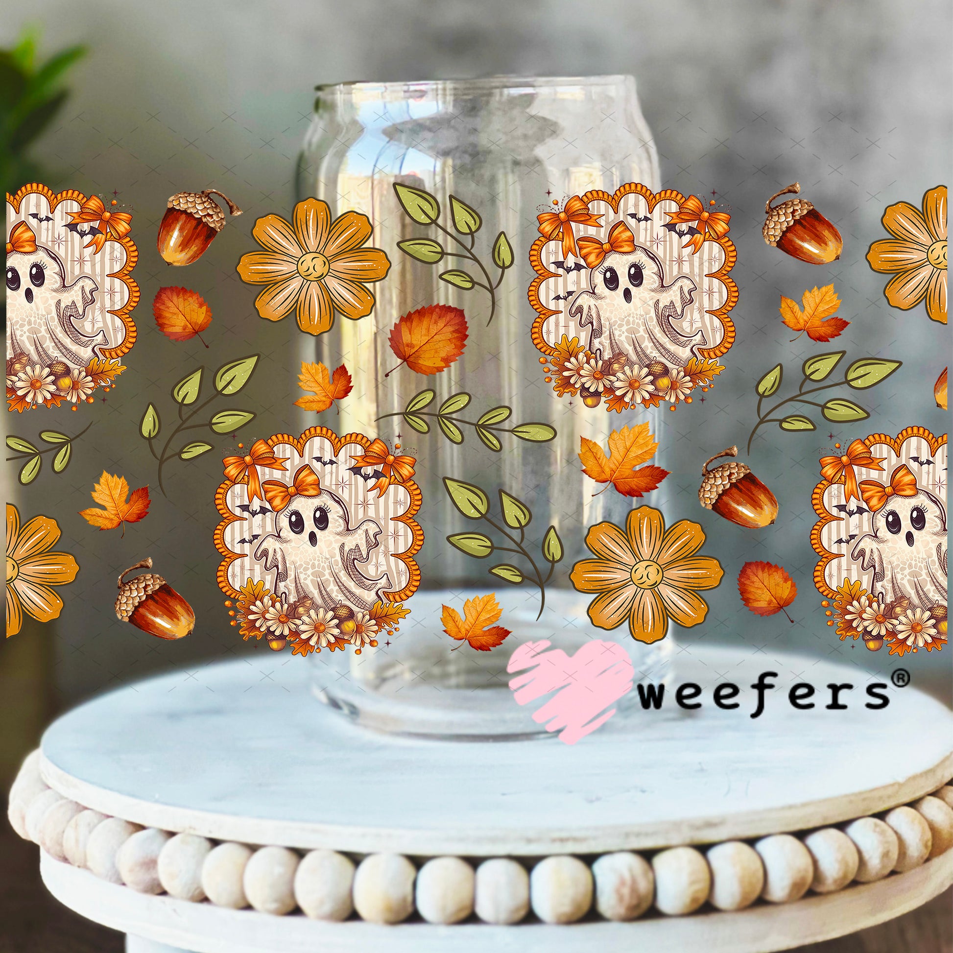 Fall Ghostie UV DTF Cup Wrap - Weefers Exclusive 16oz Libbey Glass Original Size Weefers