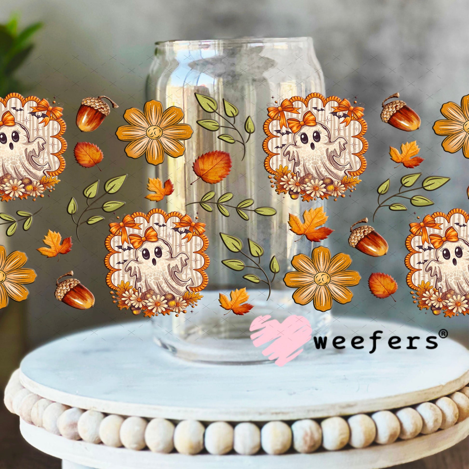 Fall Ghostie UV DTF Cup Wrap - Weefers® Exclusive 16oz Libbey Glass Original Size Cup Wrap Weefers