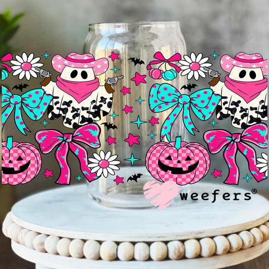 Cow Print Ghosts and Pumpkins UV DTF Cup Wrap - Weefers Exclusive 16oz Libbey Glass Original Size Weefers