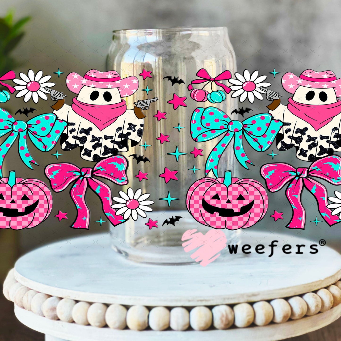 Cow Print Ghosts and Pumpkins UV DTF Cup Wrap - Weefers Exclusive 16oz Libbey Glass Original Size Cup Wrap Weefers