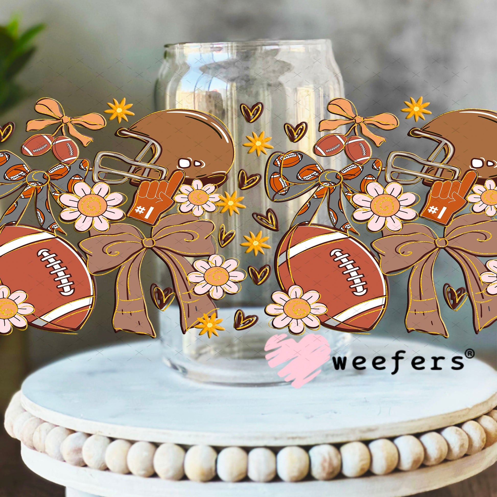 Football Coquette Bows and Flowers UV DTF Cup Wrap - Weefers Exclusive 16oz Libbey Glass Original Size Cup Wrap Weefers