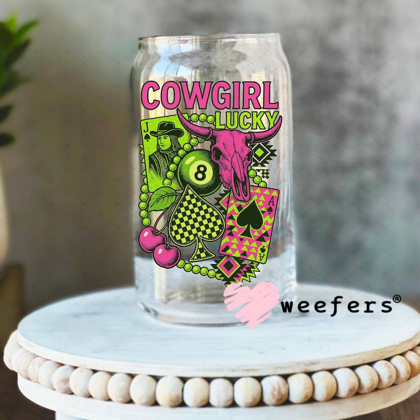 Cowgirl Lucky UV DTF Decal 16oz Libbey Glass Original Size Weefers