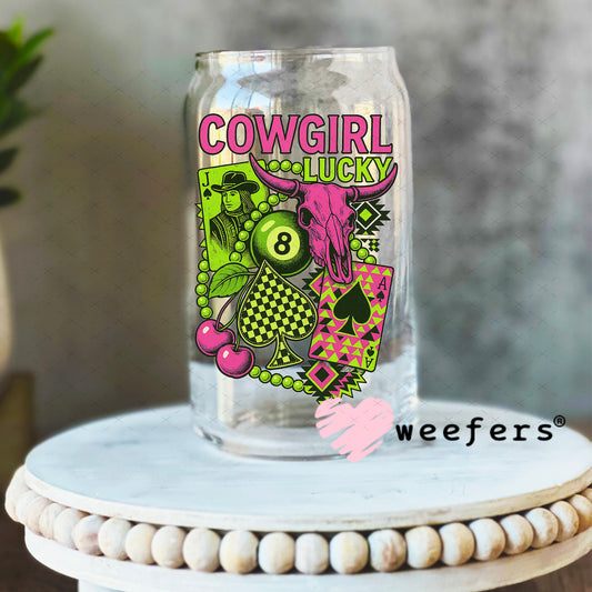 Cowgirl Lucky UV DTF Decal 16oz Libbey Glass Original Size Weefers