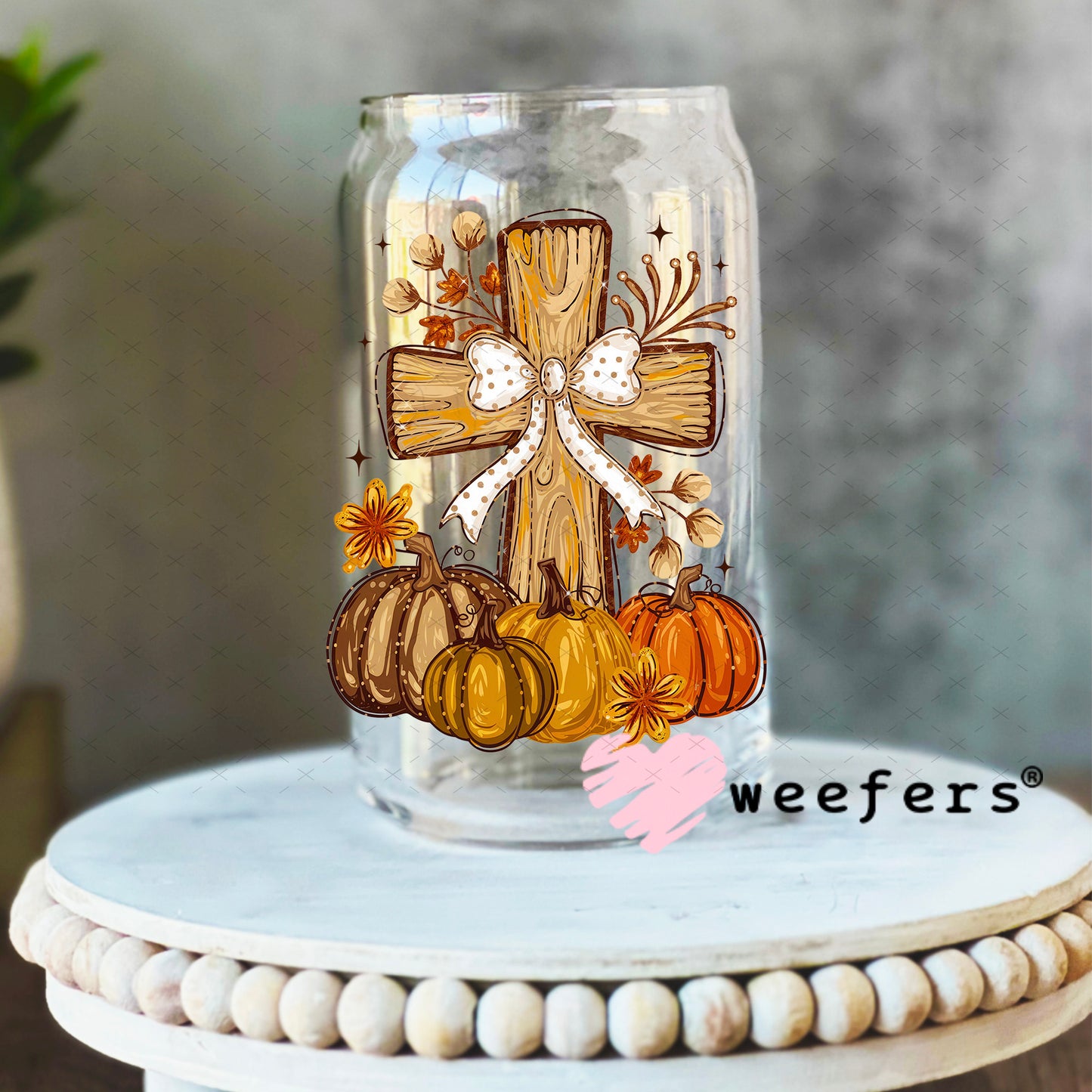 Fall Christian Cross UV DTF Decal 16oz Libbey Glass Original Size Weefers