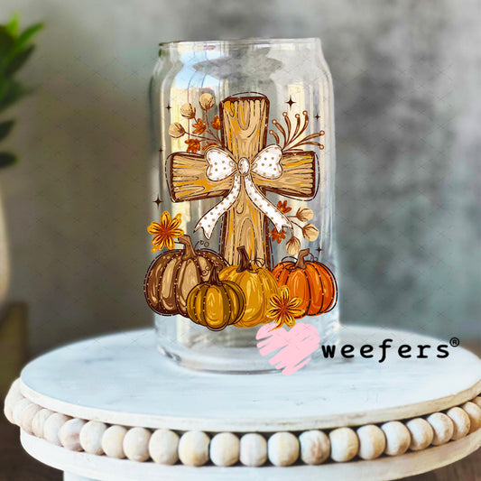 Fall Christian Cross UV DTF Decal 16oz Libbey Glass Original Size Weefers