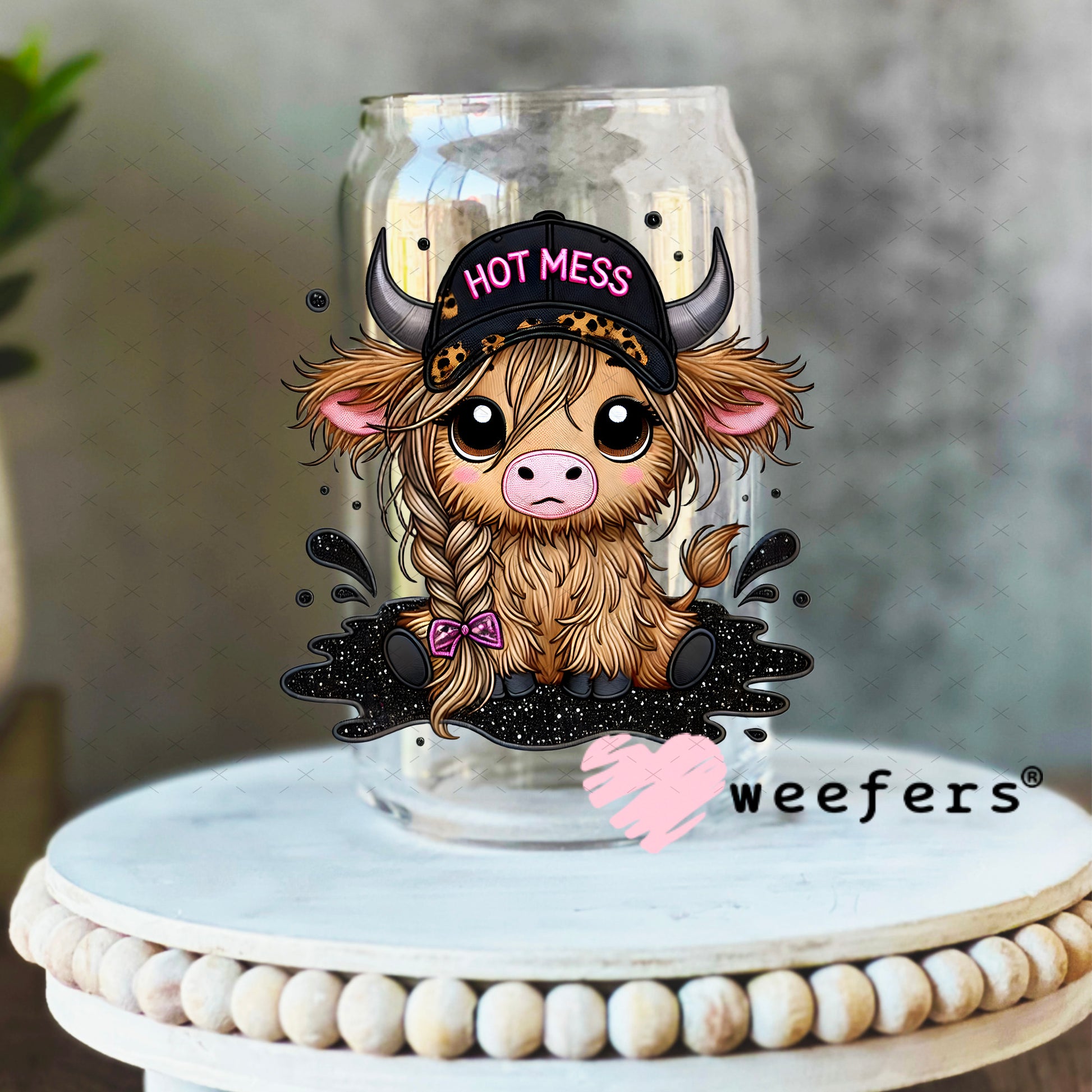 Hot Mess Cutie Highlander UV DTF Decal 16oz Libbey Glass Original Size Weefers