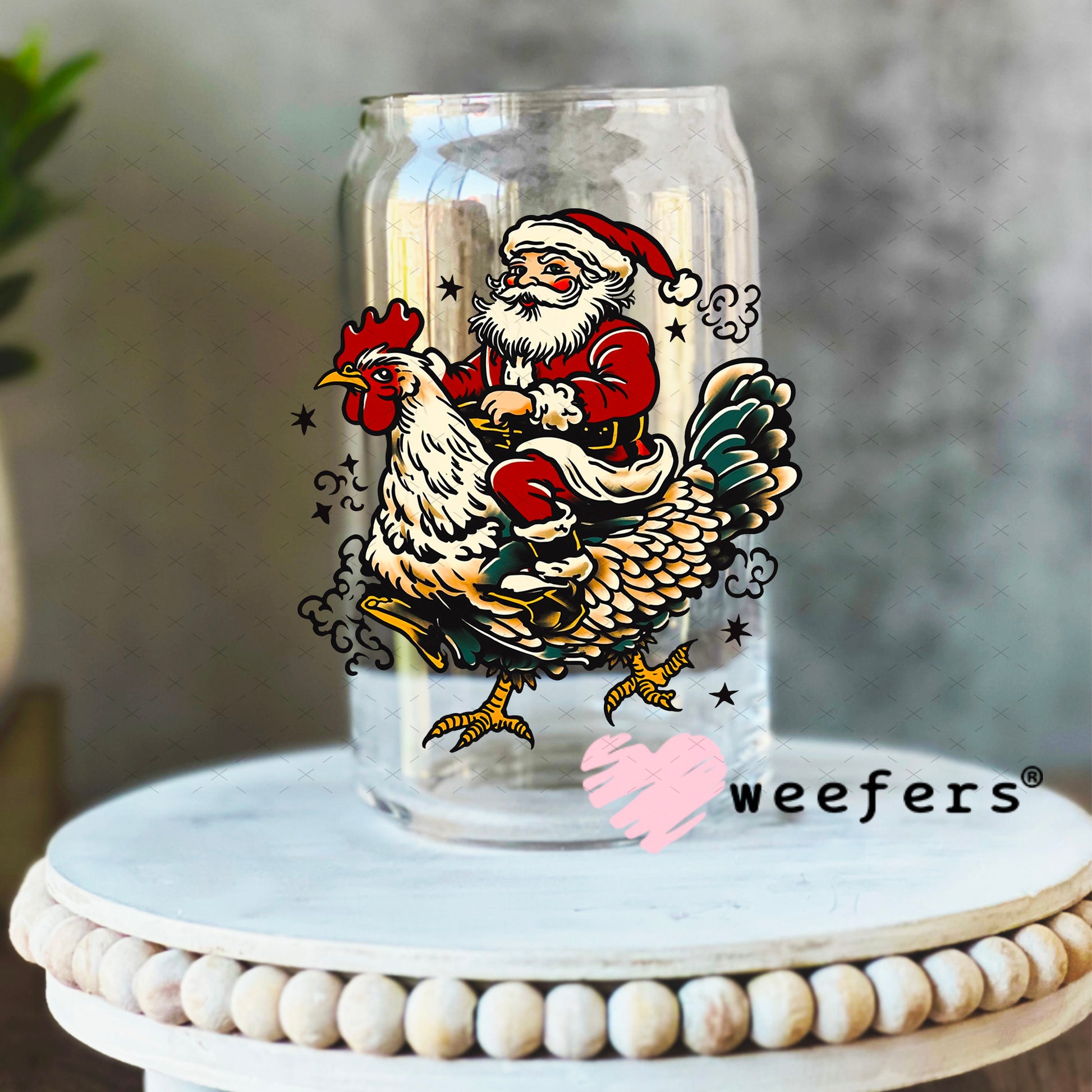 Santa Riding a Rooster UV DTF Decal 16oz Libbey Glass Original Size Weefers