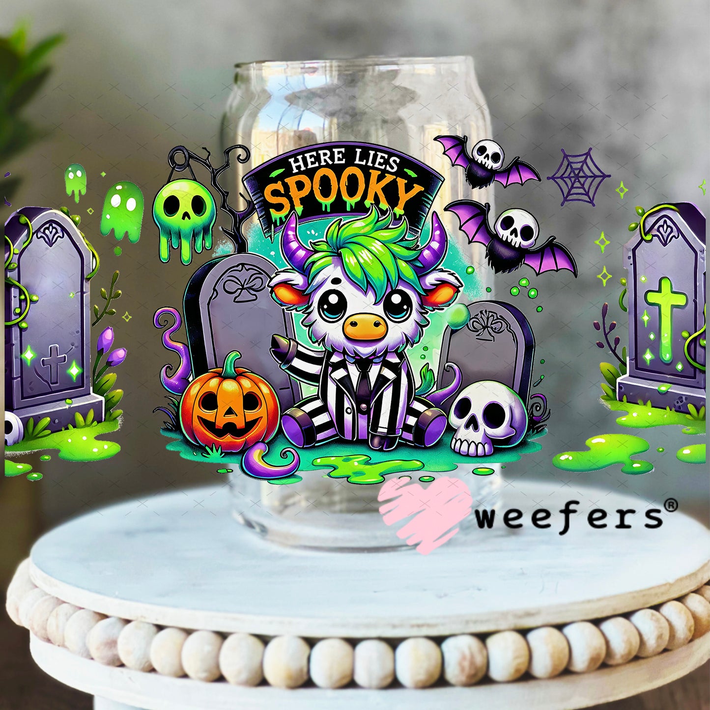 Here Lies Spooky UV DTF Cup Wrap 16oz Libbey Glass Original Size Weefers