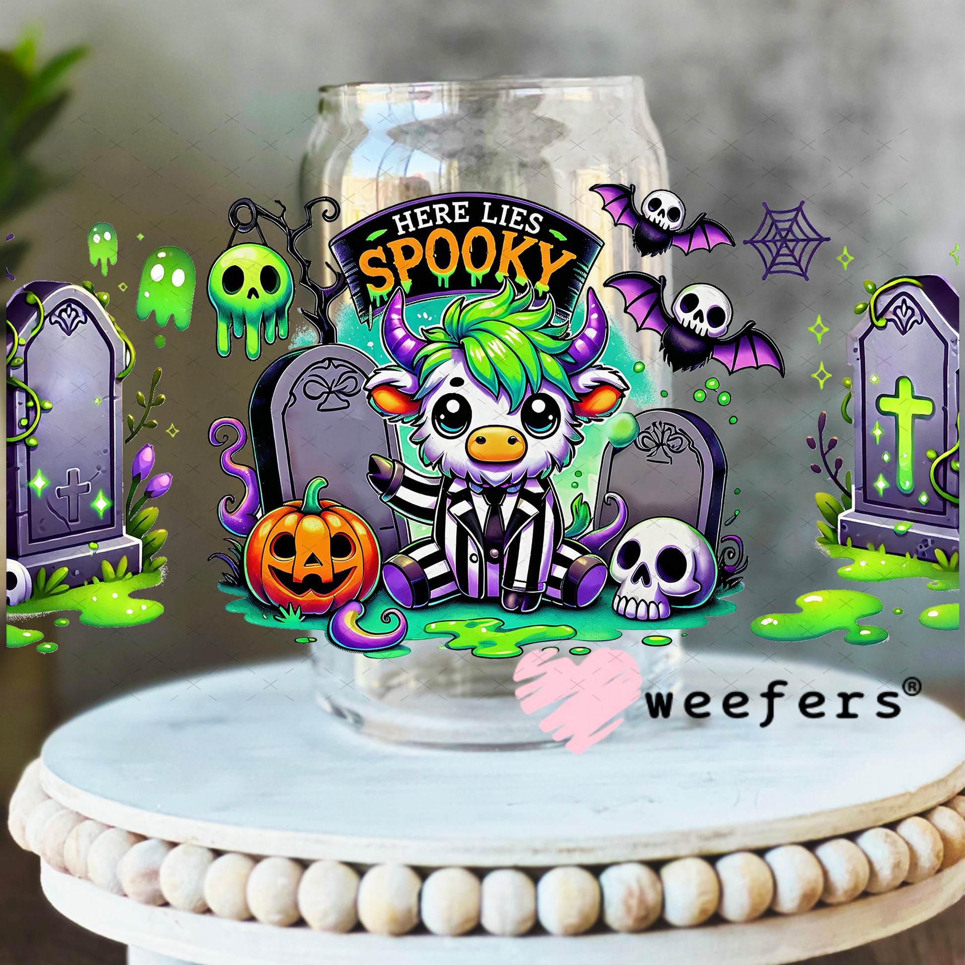 Here Lies Spooky UV DTF Cup Wrap 16oz Libbey Glass Original Size Weefers