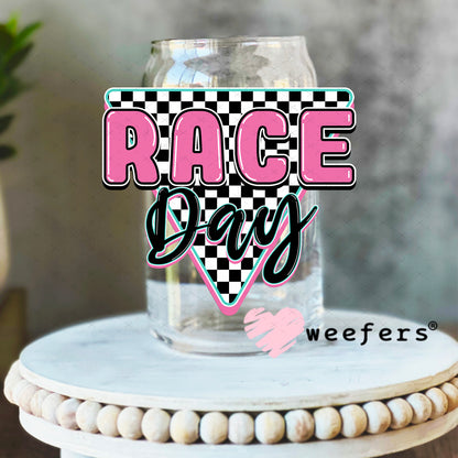 Race Day Pink Black UV DTF Decal 16oz Libbey Glass Original Size Weefers