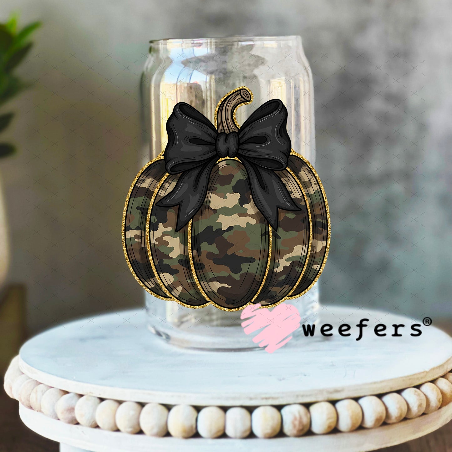 Camouflage Pumpkin Bow UV DTF Decal 16oz Libbey Glass Original Size Weefers
