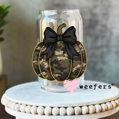 Camouflage Pumpkin Bow UV DTF Decal 16oz Libbey Glass Original Size Weefers