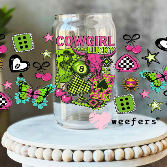Cowgirl Lucky UV DTF Cup Wrap - Weefers Exclusive 16oz Libbey Glass Original Size Cup Wrap Weefers