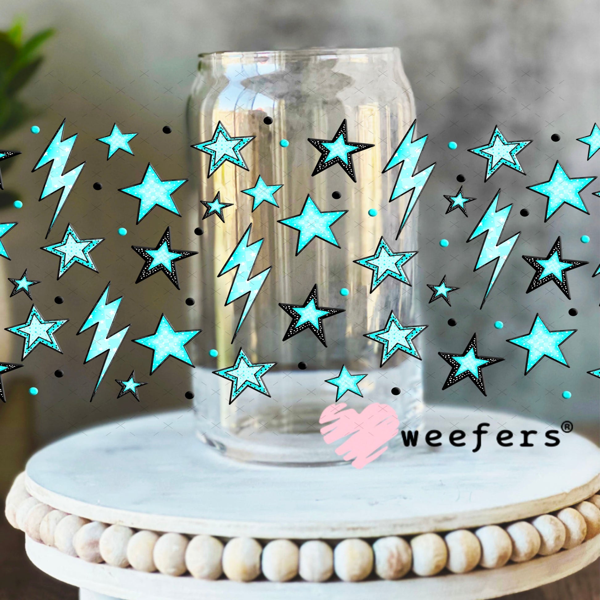 Blue Stars and Lightening Bolts UV DTF Cup Wrap - Weefers® Exclusive 16oz Libbey Glass Original Size Cup Wrap Weefers