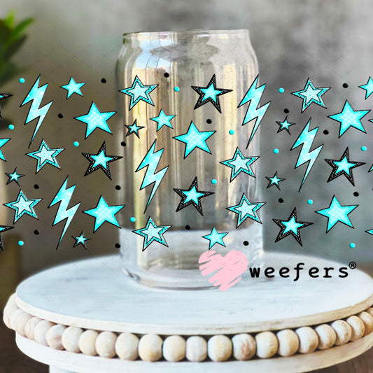 Blue Stars and Lightening Bolts UV DTF Cup Wrap - Weefers® Exclusive 16oz Libbey Glass Original Size Cup Wrap Weefers