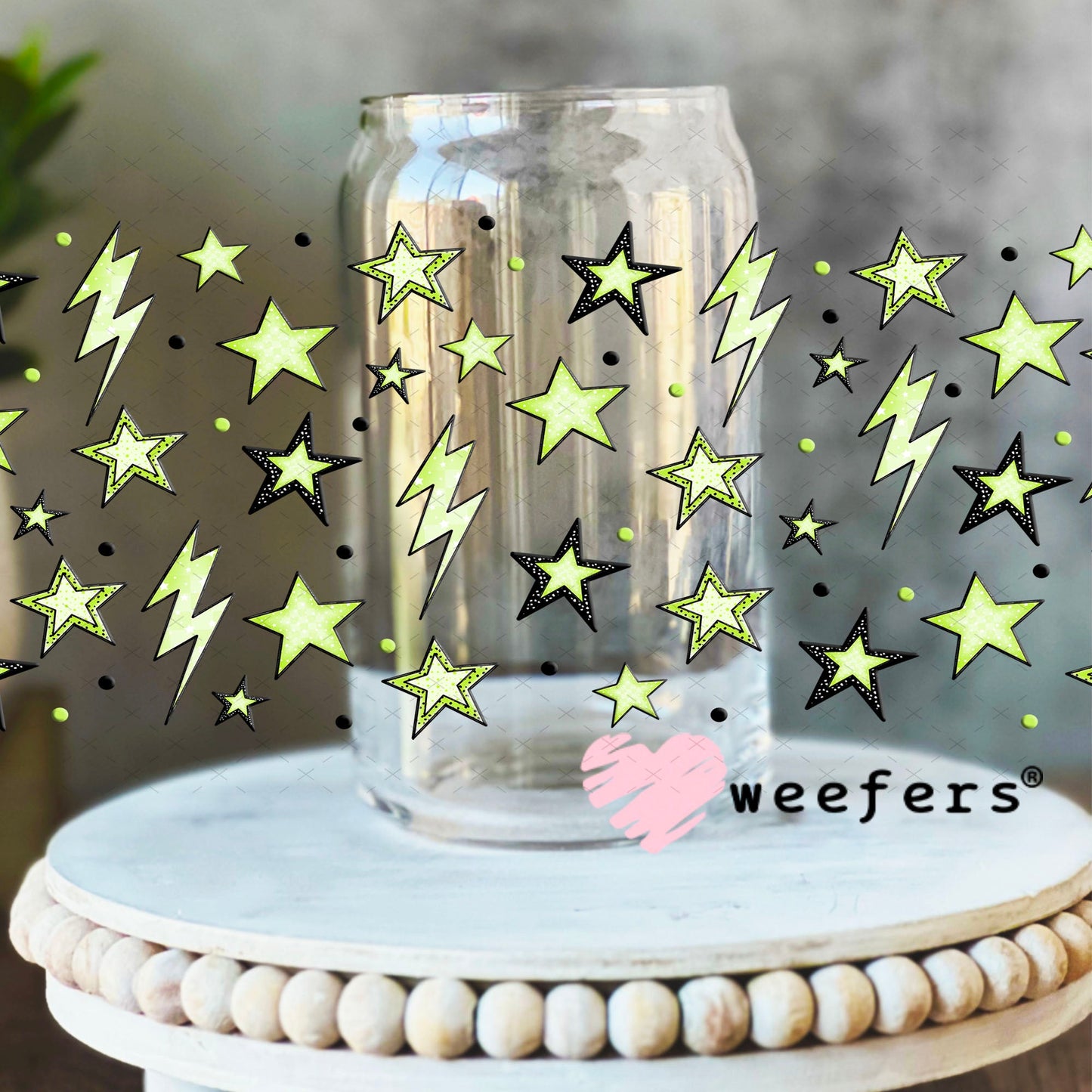 Yellow Stars and Lightening Bolts UV DTF Cup Wrap - Weefers Exclusive 16oz Libbey Glass Original Size Cup Wrap Weefers