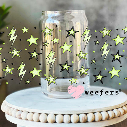 Yellow Stars and Lightening Bolts UV DTF Cup Wrap - Weefers Exclusive 16oz Libbey Glass Original Size Cup Wrap Weefers