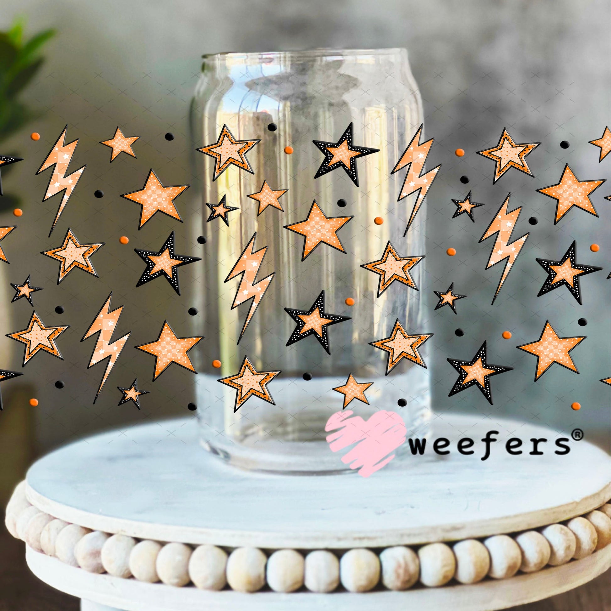 Orange Stars and Lightening Bolts UV DTF Cup Wrap - Weefers Exclusive 16oz Libbey Glass Original Size Cup Wrap Weefers