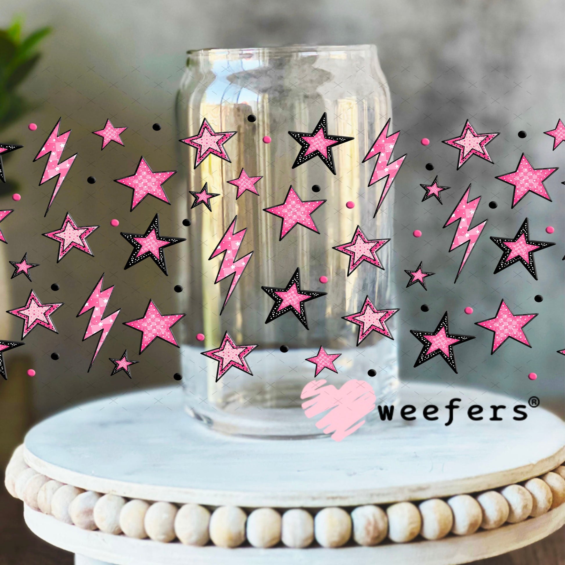 Pink Stars and Lightening Bolts UV DTF Cup Wrap - Weefers® Exclusive 16oz Libbey Glass Original Size Cup Wrap Weefers