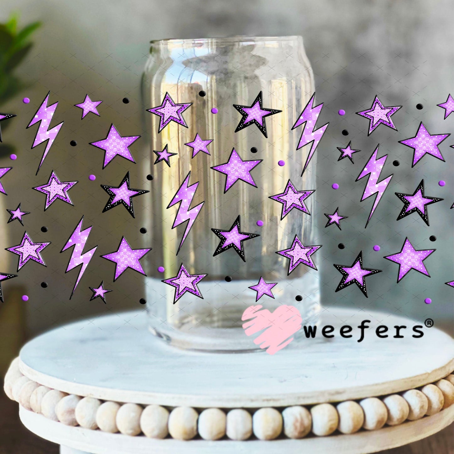 Purple Stars and Lightening Bolts UV DTF Cup Wrap - Weefers® Exclusive 16oz Libbey Glass Original Size Cup Wrap Weefers