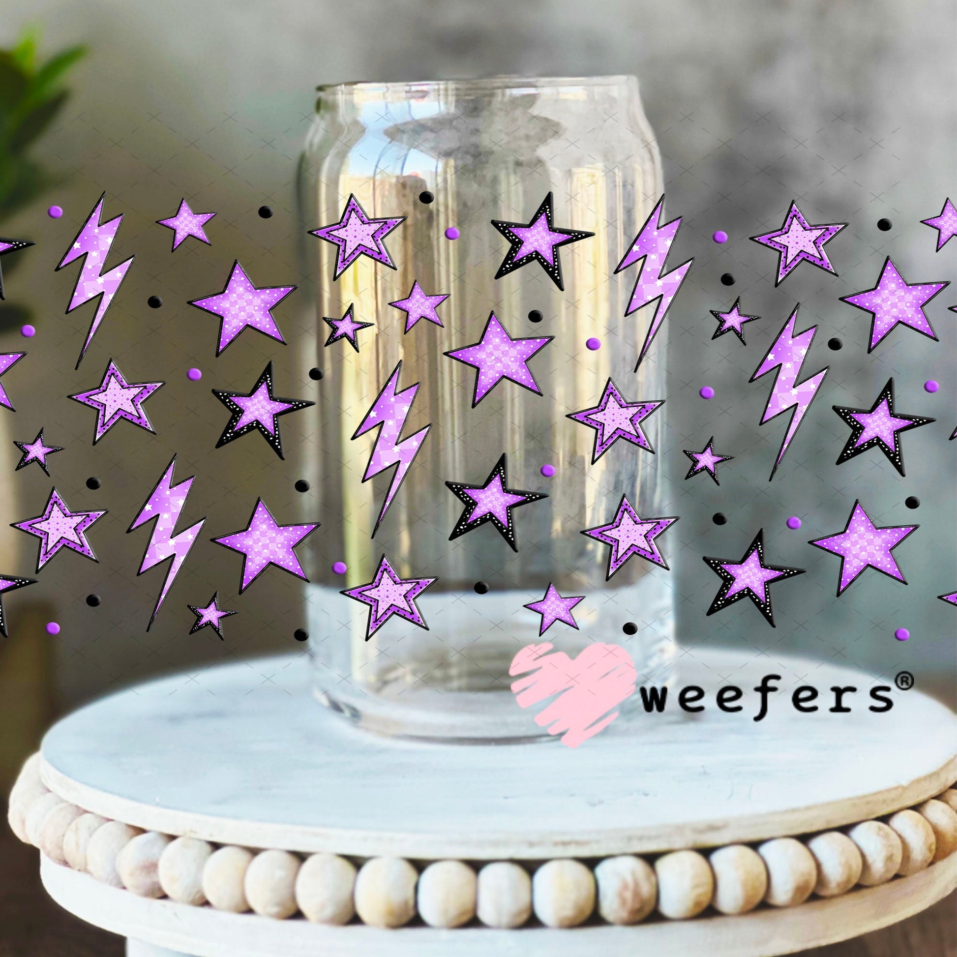 Purple Stars and Lightening Bolts UV DTF Cup Wrap - Weefers® Exclusive 16oz Libbey Glass Original Size Cup Wrap Weefers