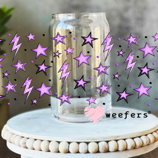 Purple Stars and Lightening Bolts UV DTF Cup Wrap - Weefers® Exclusive 16oz Libbey Glass Original Size Cup Wrap Weefers