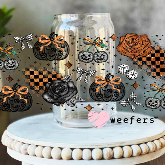 Black Lace Pumpkins and Roses UV DTF Cup Wrap - Weefers Exclusive 16oz Libbey Glass Original Size Cup Wrap Weefers