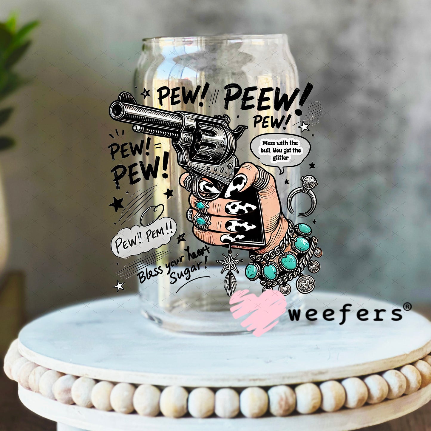 Pew Pew UV DTF Decal 16oz Libbey Glass Original Size Weefers