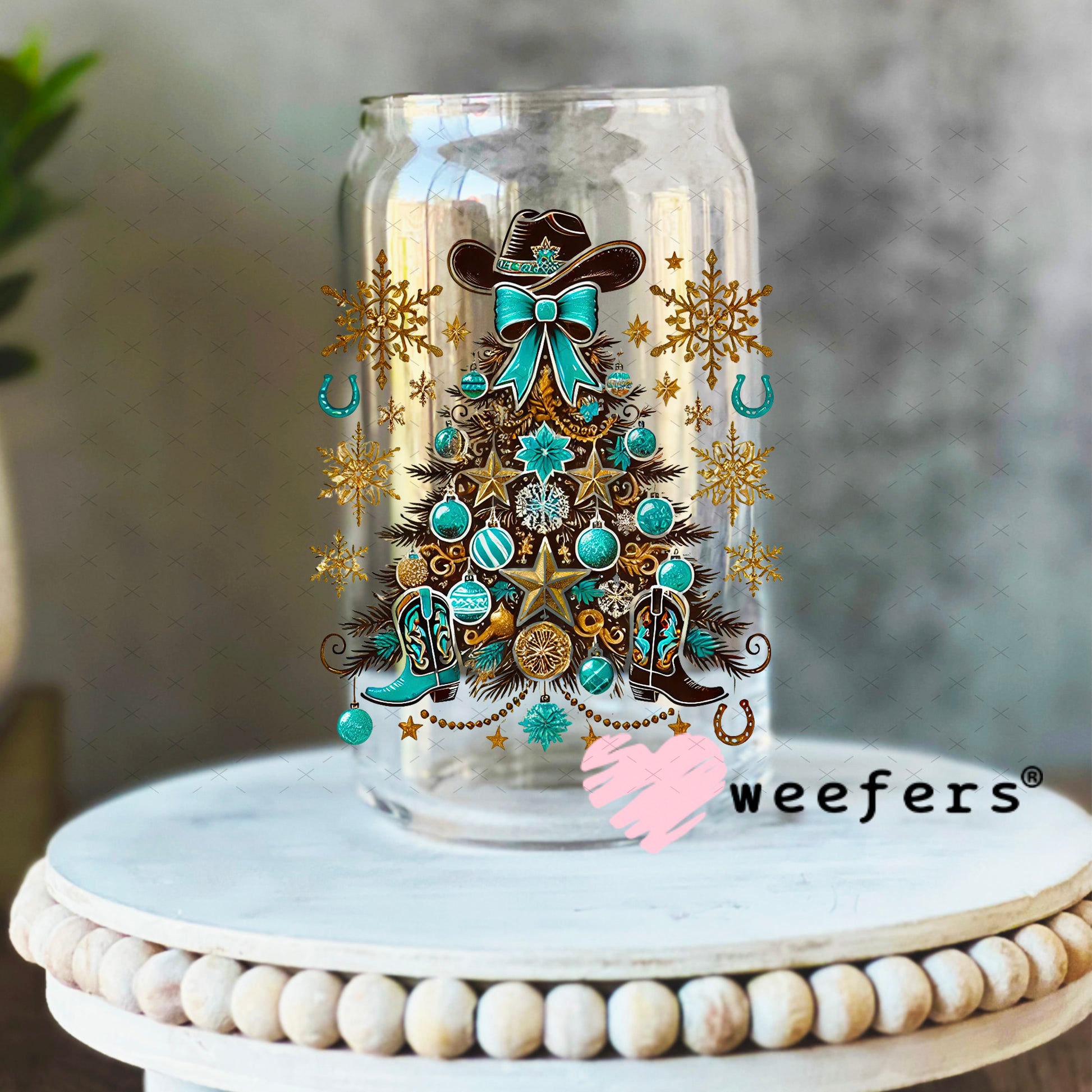 Western Christmas Tree Gold Turquoise UV DTF Decal 16oz Libbey Glass Original Size Weefers