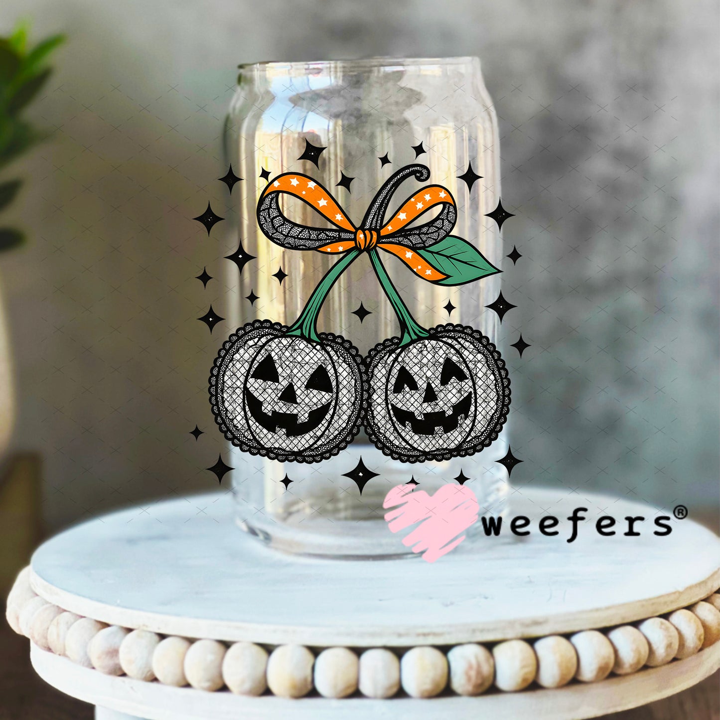 Black Lace Pumpkin Cherries UV DTF Decal 16oz Libbey Glass Original Size Weefers