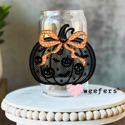 Black Lace Pumpkin Orange Bow UV DTF Decal 16oz Libbey Glass Original Size Weefers