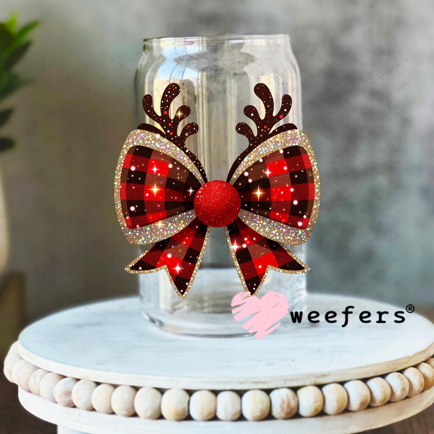 Reindeer Christmas Bow UV DTF Decal 16oz Libbey Glass Original Size Weefers