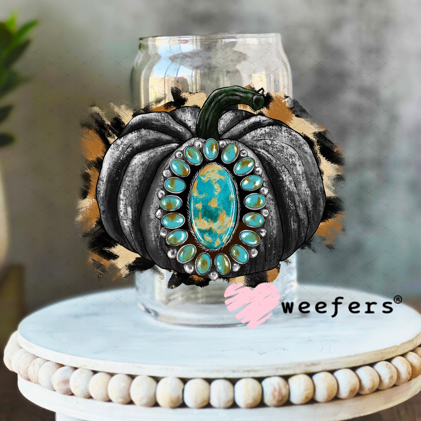 Black Pumpkin Turquoise Jewel UV DTF Decal 16oz Libbey Glass Original Size Weefers