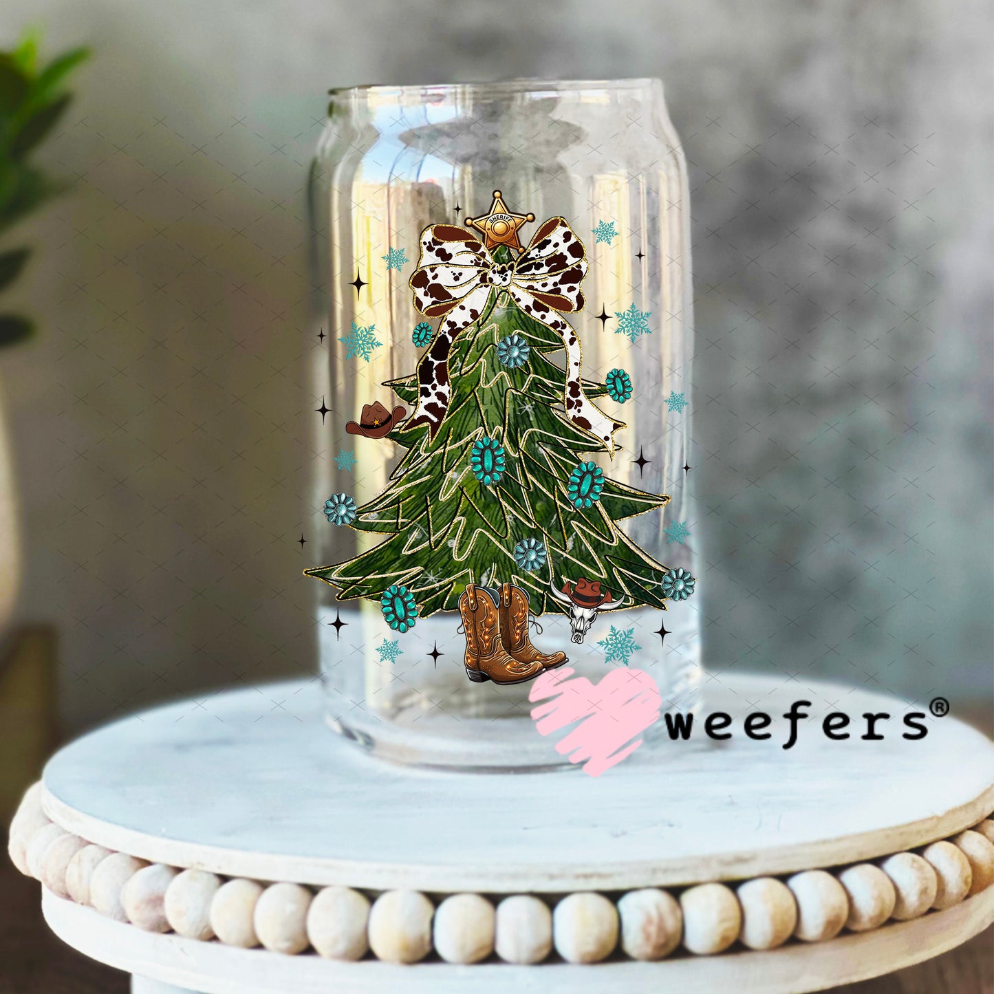 Western Christmas Tree Cowboy Boot Stump UV DTF Decal 16oz Libbey Glass Original Size Weefers