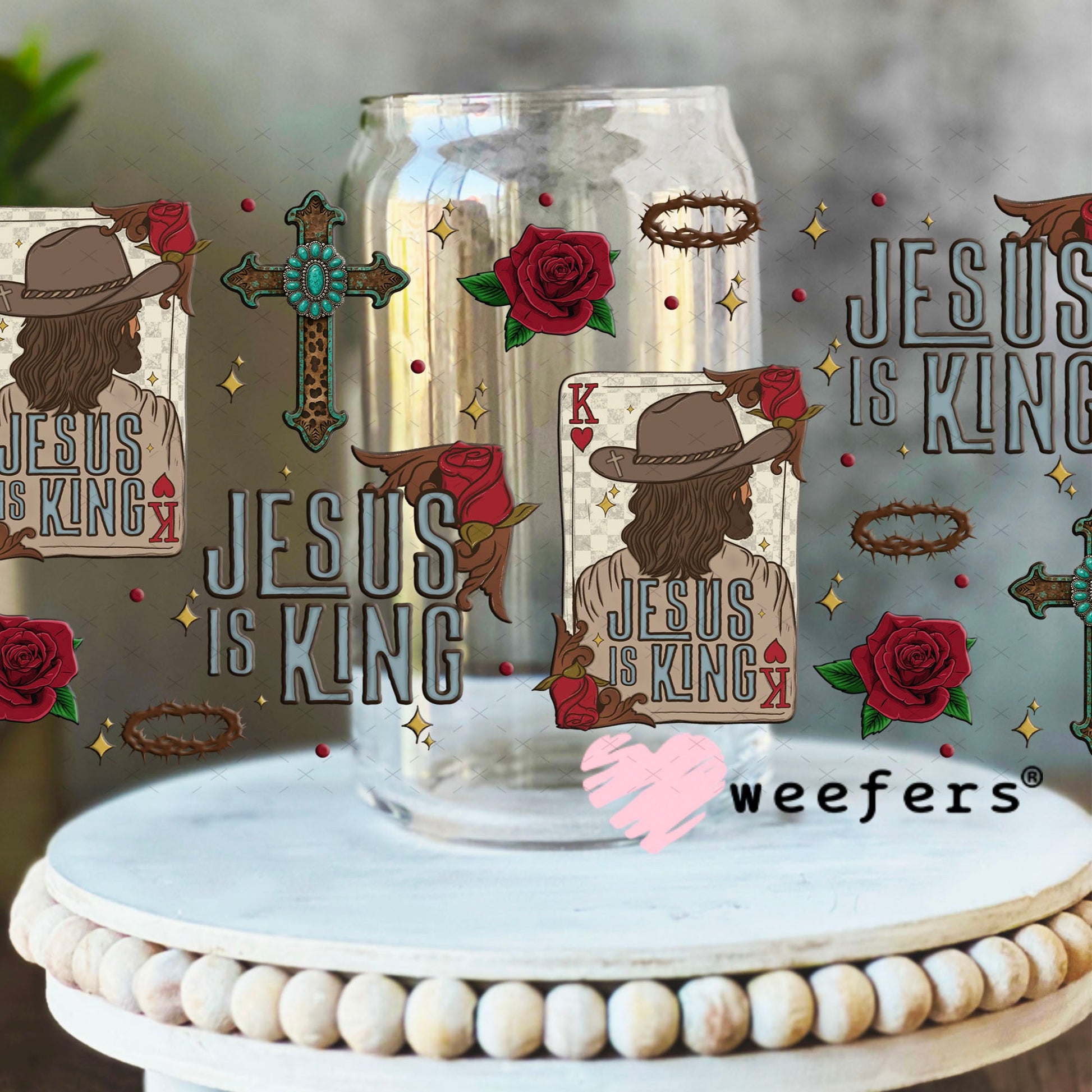 Jesus is King Card UV DTF Cup Wrap - Weefers Exclusive 16oz Libbey Glass Original Size Cup Wrap Weefers