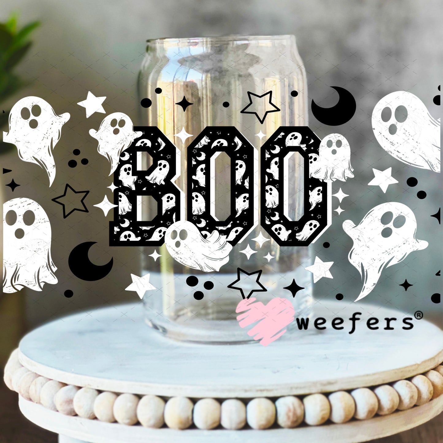Boo Black and White Ghost UV DTF Cup Wrap 16oz Libbey Glass Original Size Weefers