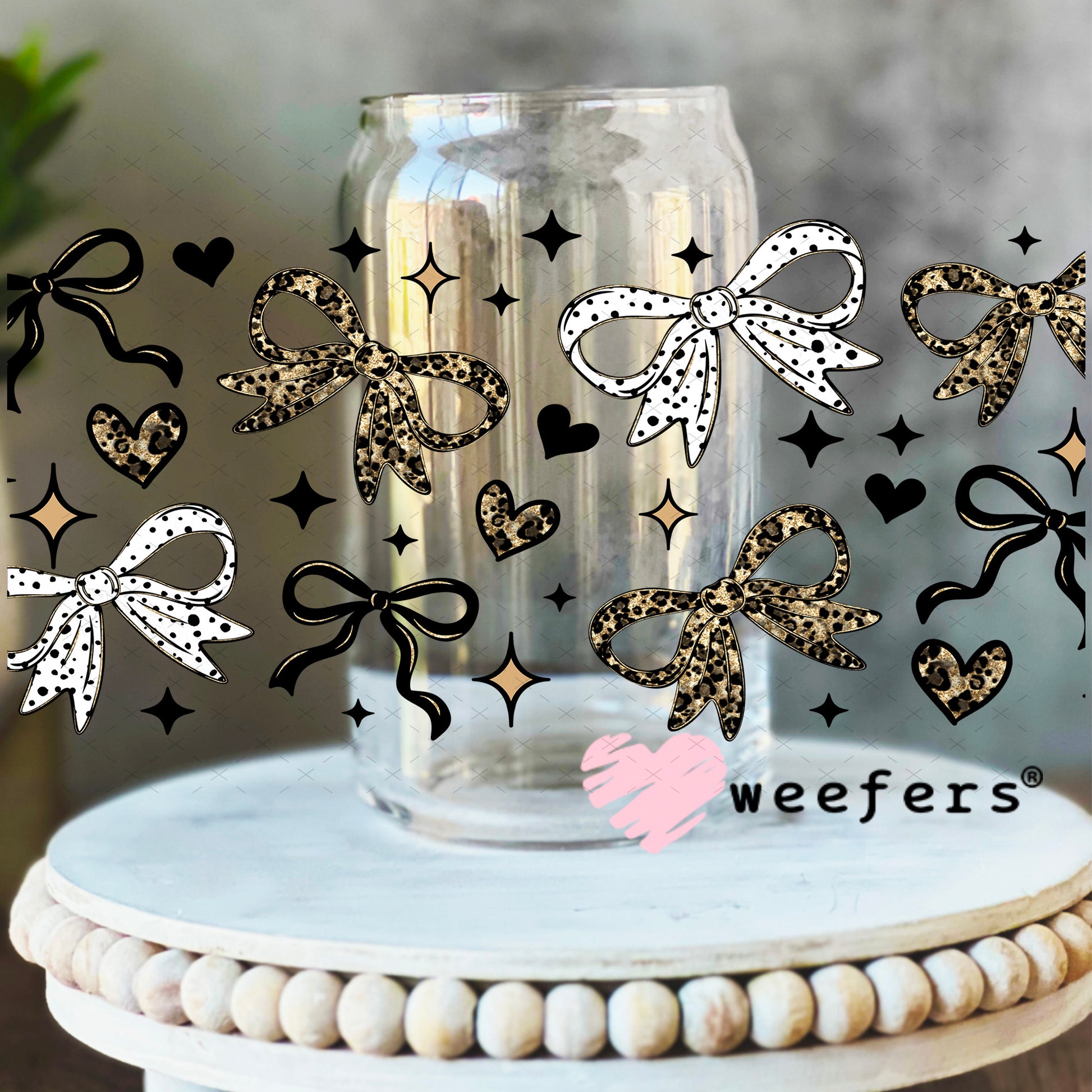 Leopard Bows UV DTF Cup Wrap 16oz Libbey Glass Original Size Weefers