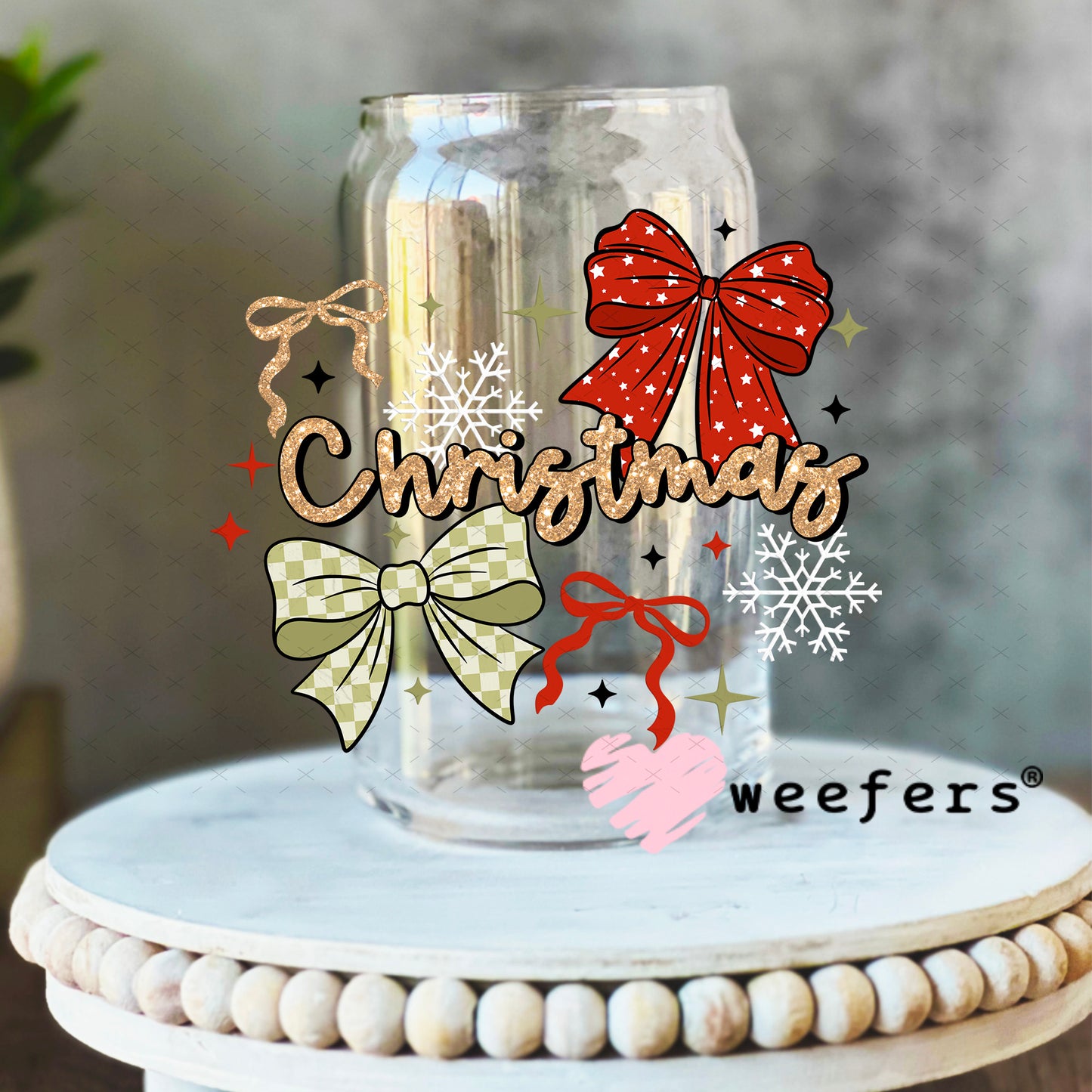 Christmas Bows UV DTF Decal 16oz Libbey Glass Original Size Weefers