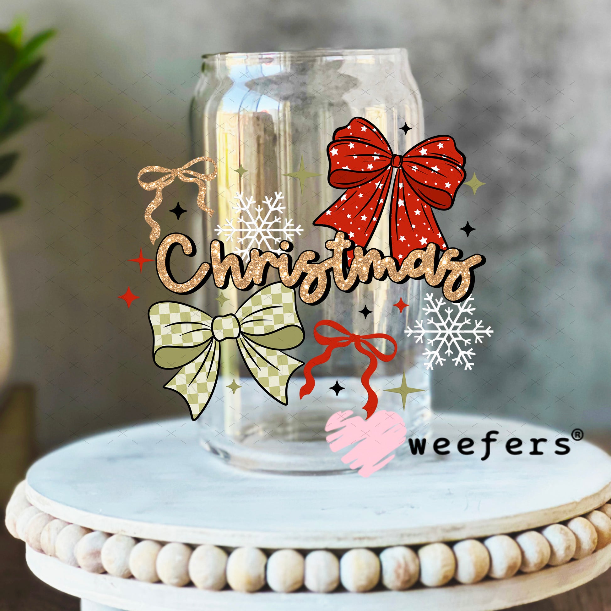 Christmas Bows UV DTF Decal 16oz Libbey Glass Original Size Weefers