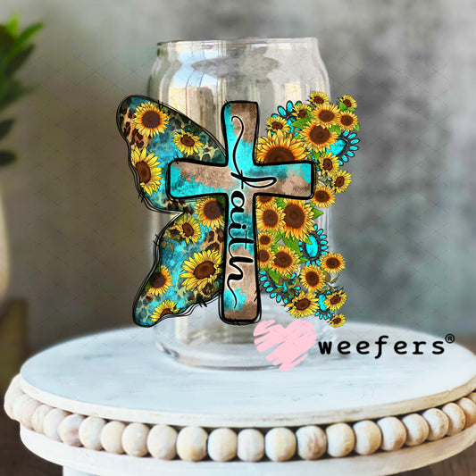 Faith Cross Sunflowers UV DTF Decal 16oz Libbey Glass Original Size Weefers