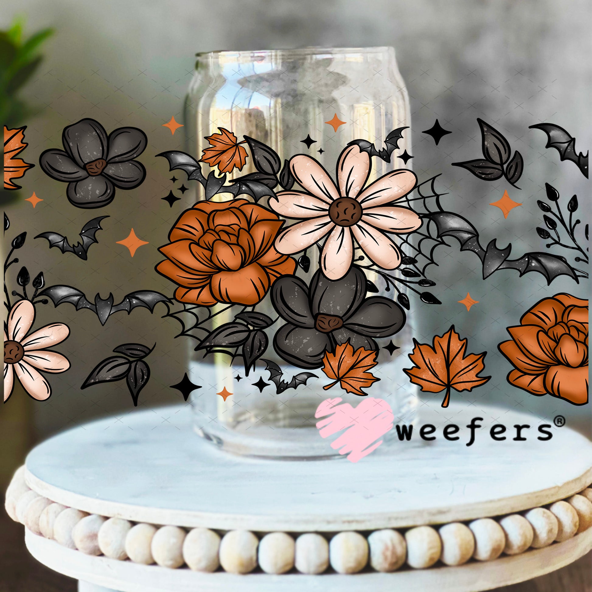 Rust and Cream Flowers Black Bats UV DTF Cup Wrap Weefers