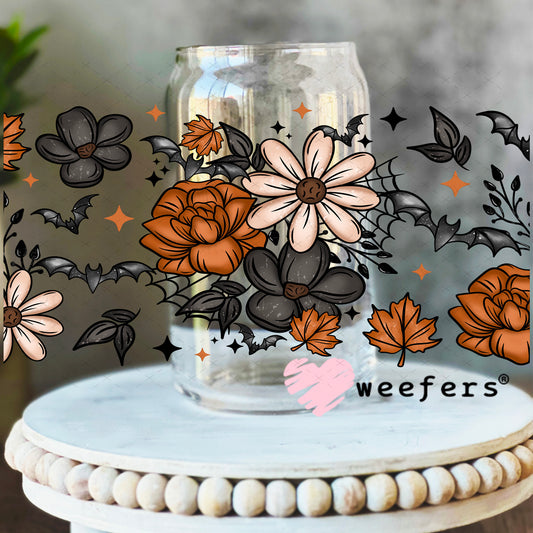 Rust and Cream Flowers Black Bats UV DTF Cup Wrap 16oz Libbey Glass Original Size Weefers