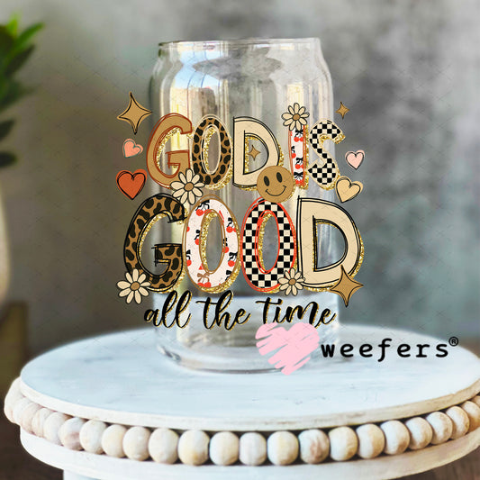 God is Good All The Time Gold and Tan UV DTF Decal 16oz Libbey Glass Original Size Weefers