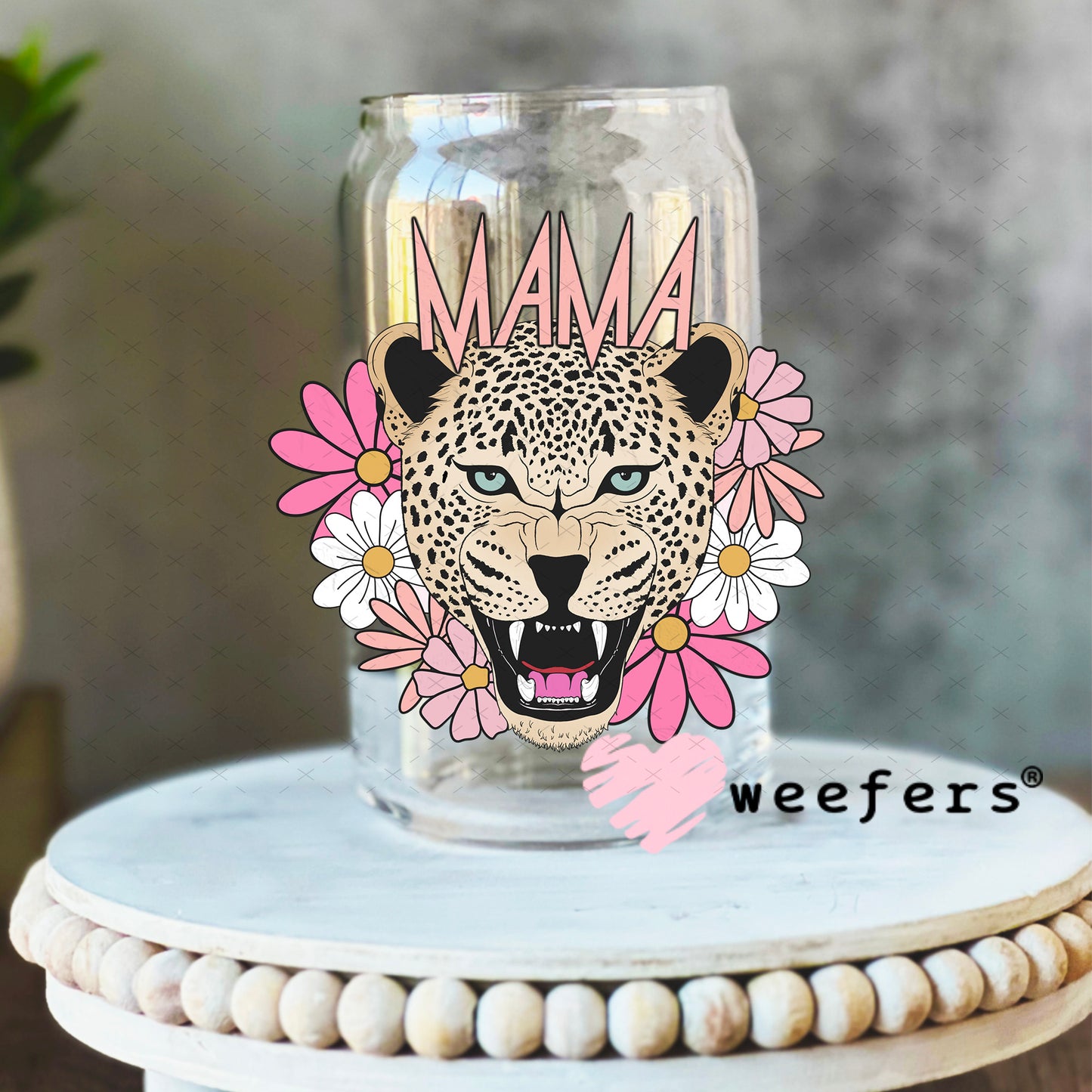 Pink Mama Leopard UV DTF Decal 16oz Libbey Glass Original Size Weefers