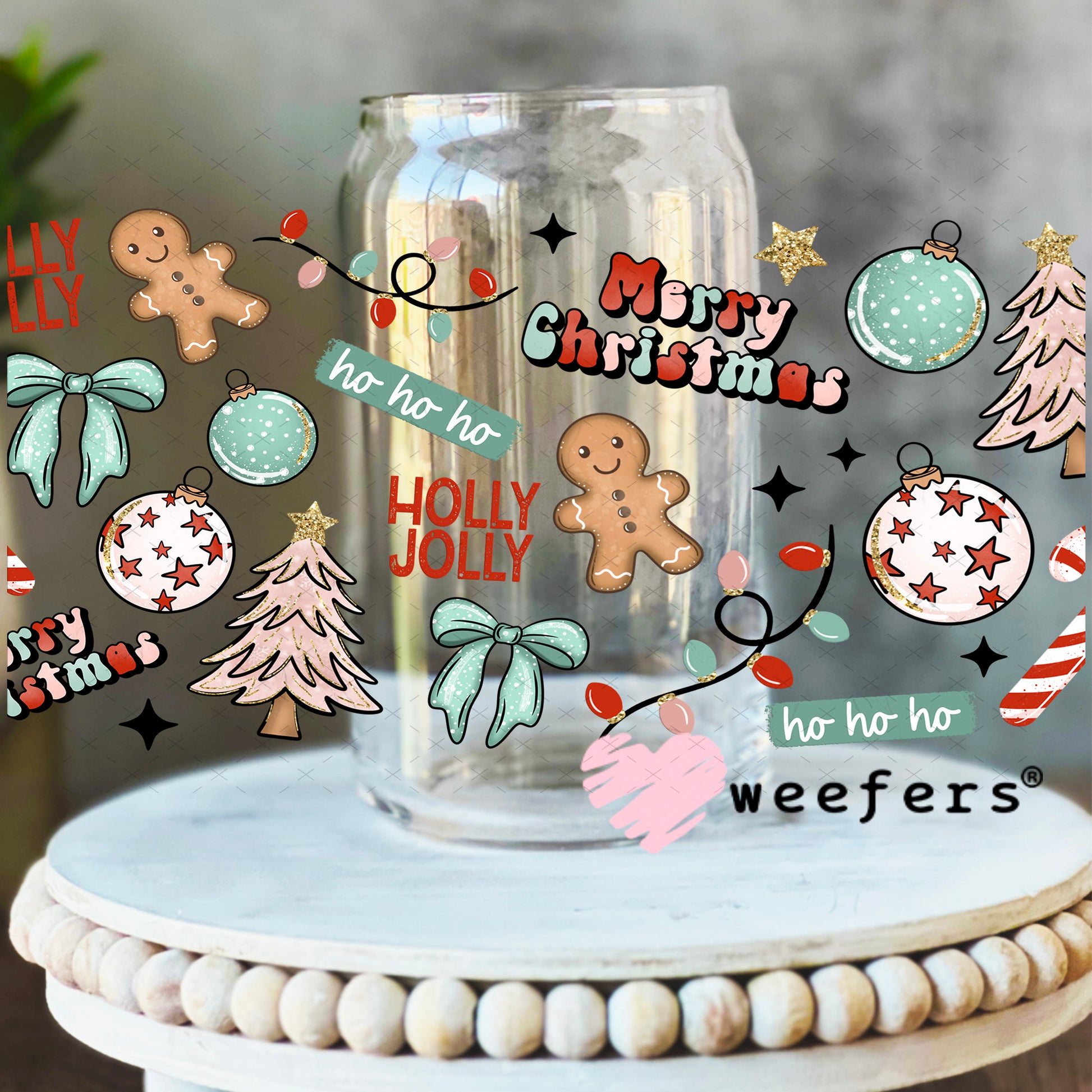 Merry Christmas Holly Jolly UV DTF Cup Wrap 16oz Libbey Glass Original Size Weefers